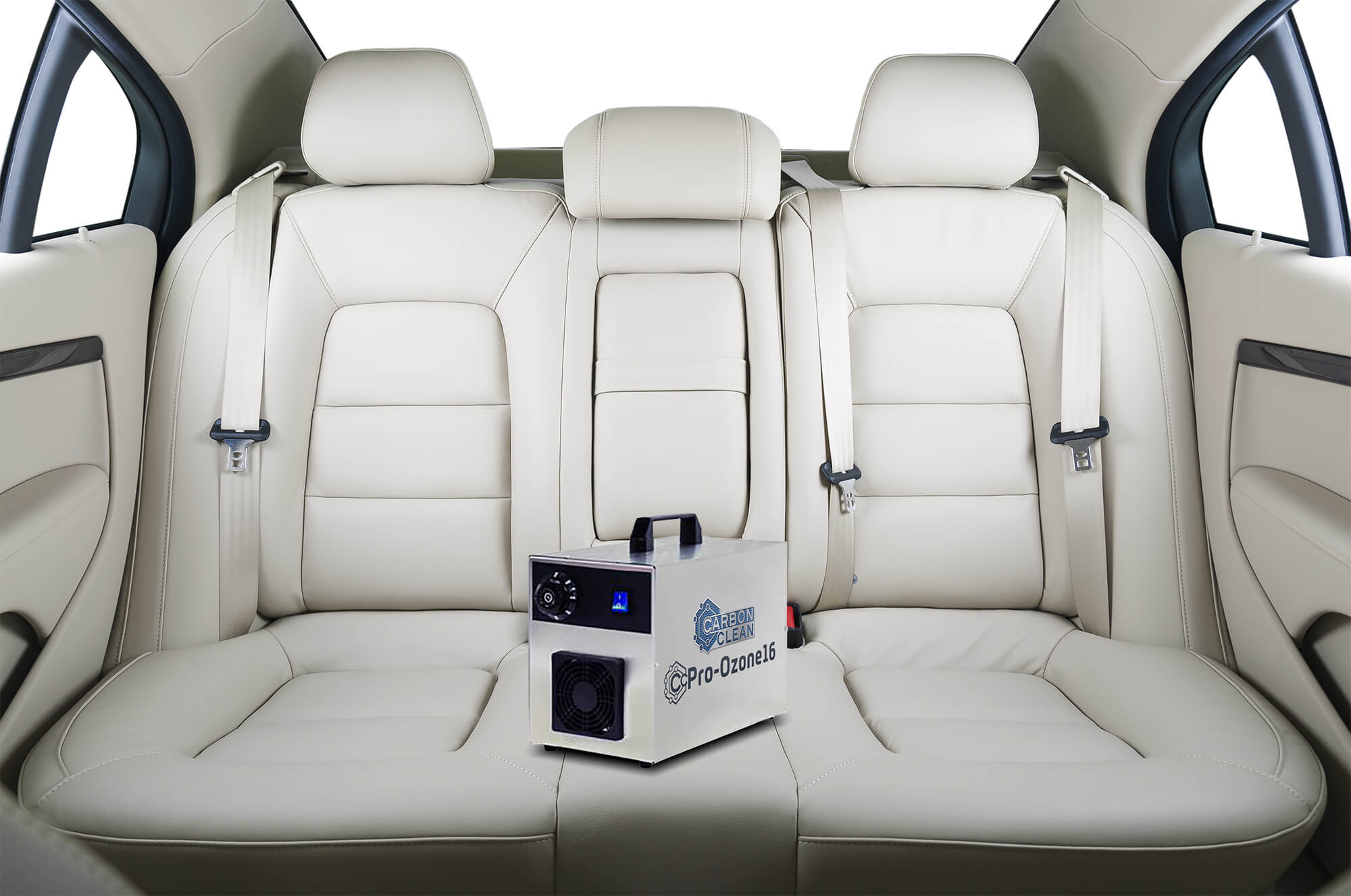 pro ozone machine in car with white interior